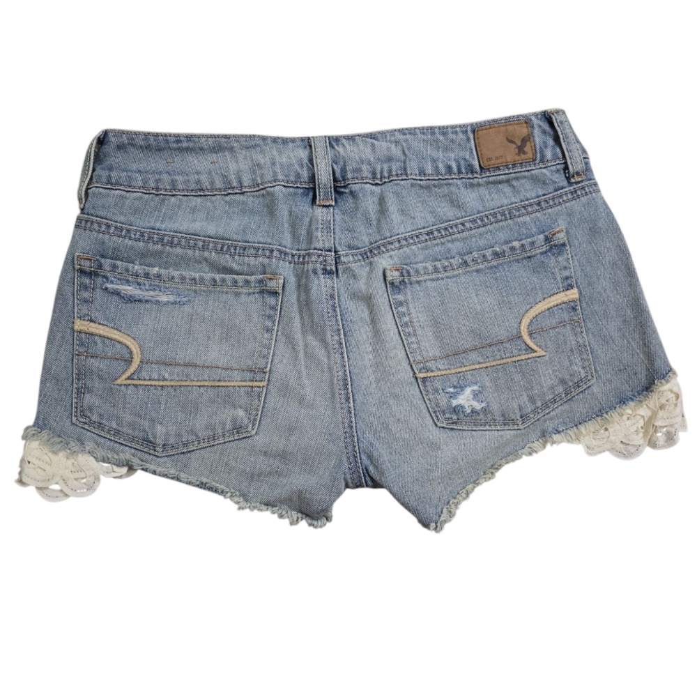 Denim Distressed Shorts with Lace Trim American Eagle Size 2 - Picture 2 of 3